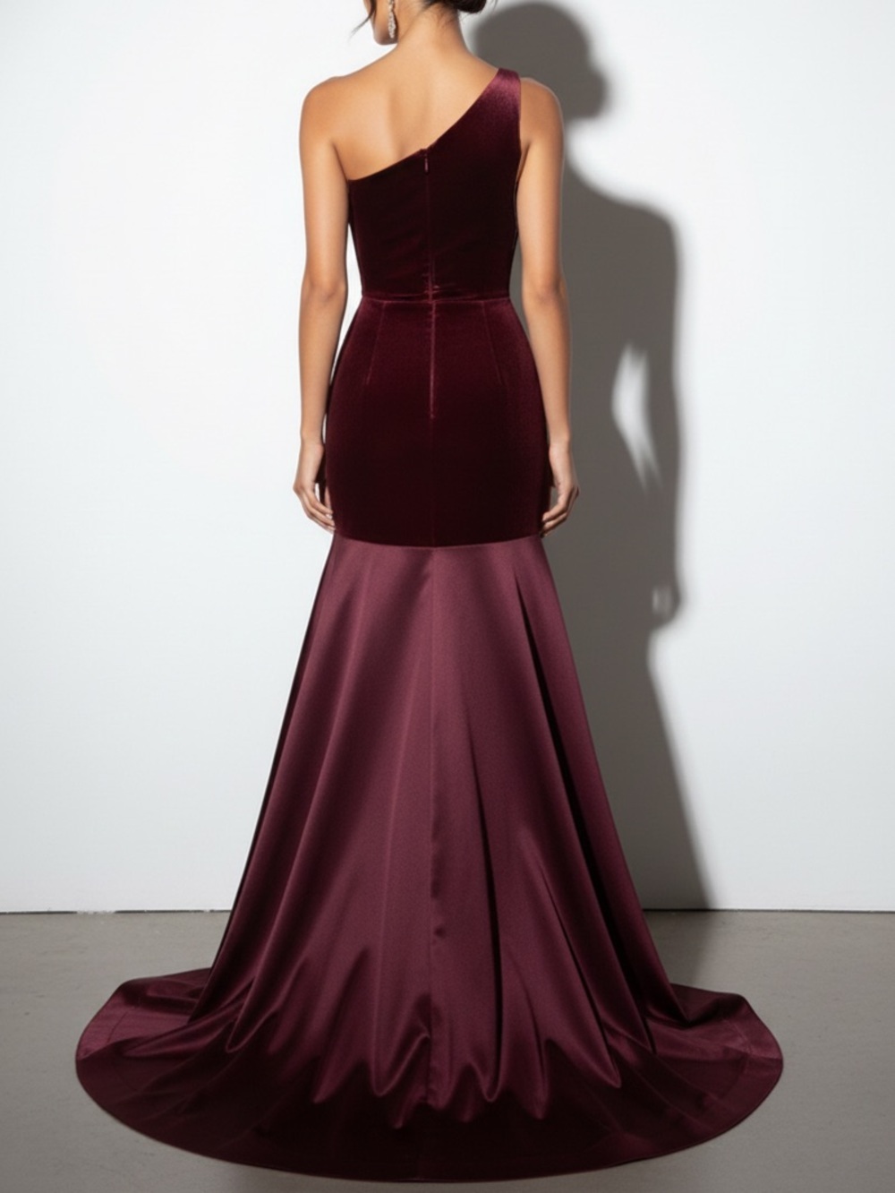 NWT Fehaute Burgundy Satin Ruched Velvet One Shoulder A-Line Gown Dress Size 4 - Picture 3 of 11